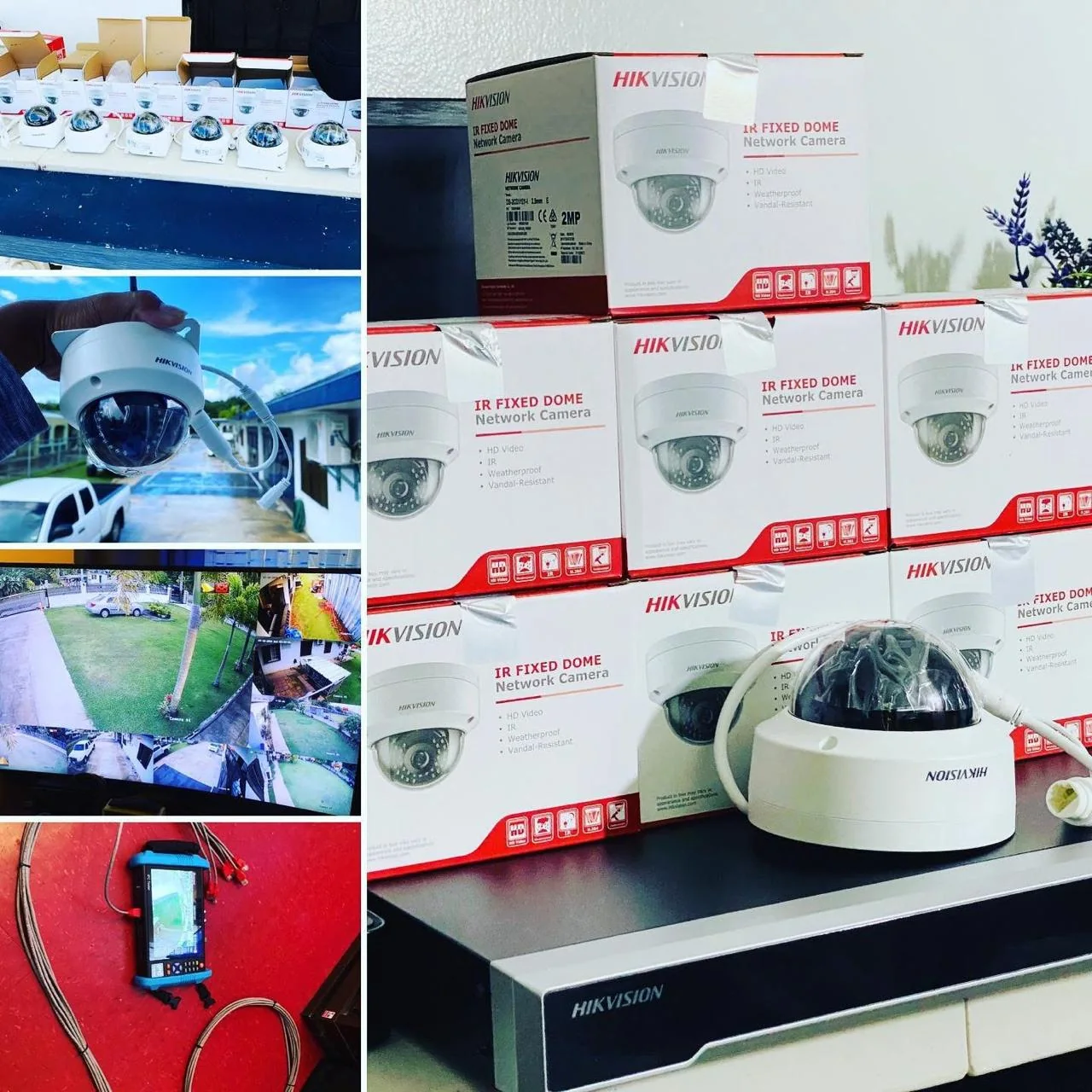 Client-supplied collage of dome cameras, camera packaging, a handheld tester, and a surveillance display.