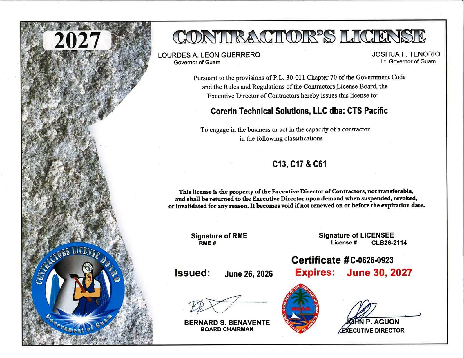 Guam contractor’s license for Corerin Technical Solutions, LLC dba: CTS Pacific, CLB26-2114, certificate C-0626-0923; classifications C13, C17 and C61; issued June 26, 2026, expires June 30, 2027.