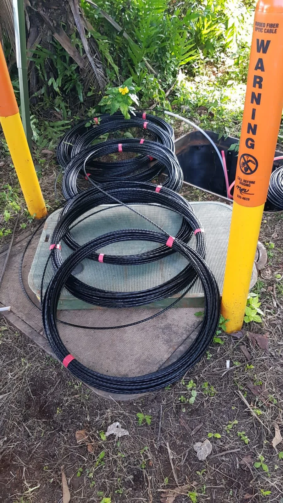 Coiled black fiber cable beside an outdoor underground handhole.