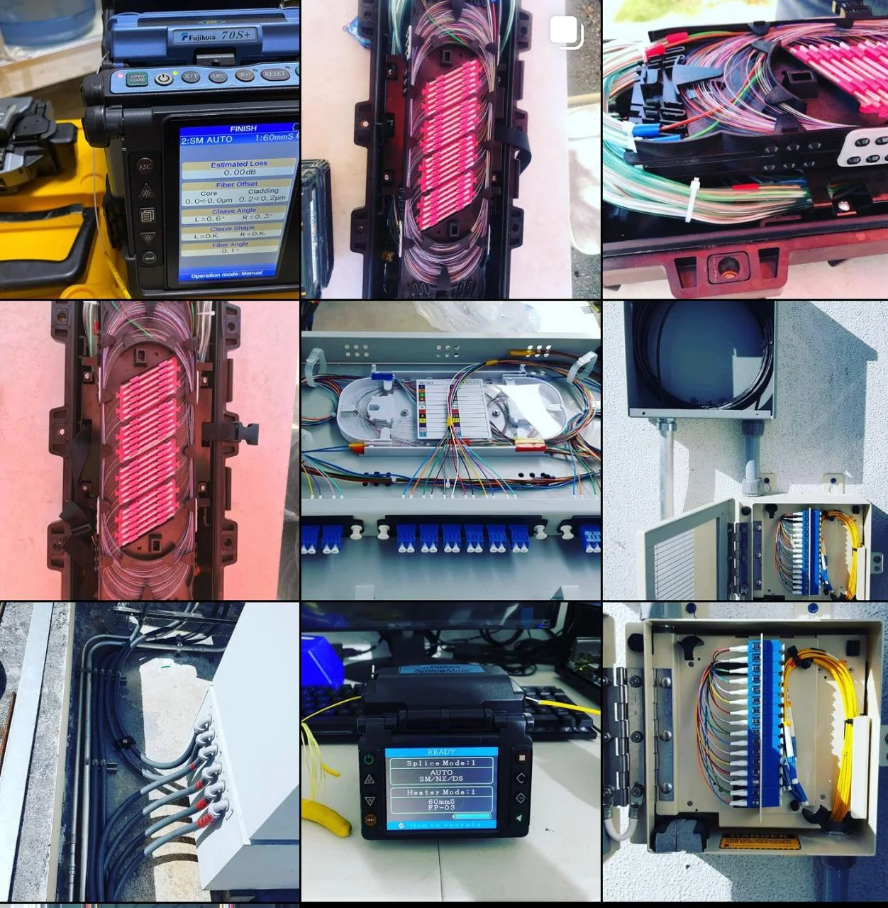Client-supplied collage of fusion splicers, organized splice trays, fiber enclosures, and wall-mounted termination boxes.