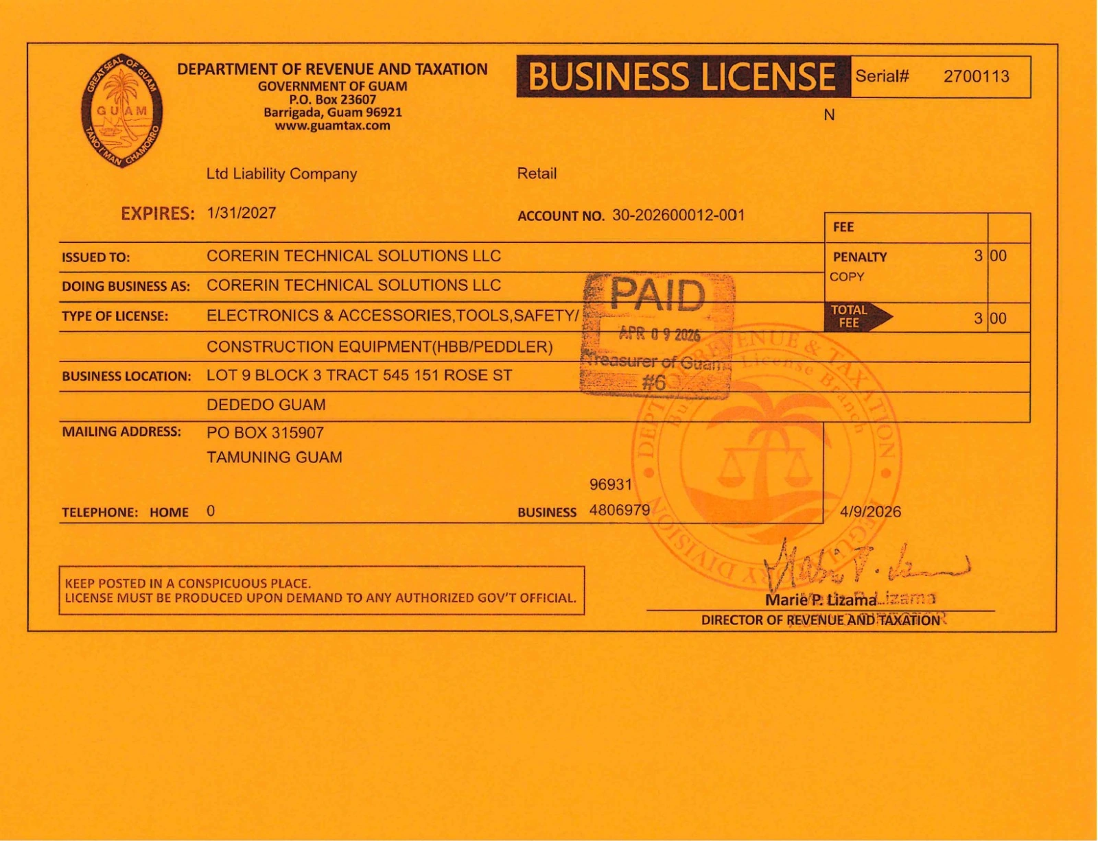 Guam retail business license issued to Corerin Technical Solutions LLC for electronics and accessories, tools, and safety/construction equipment.