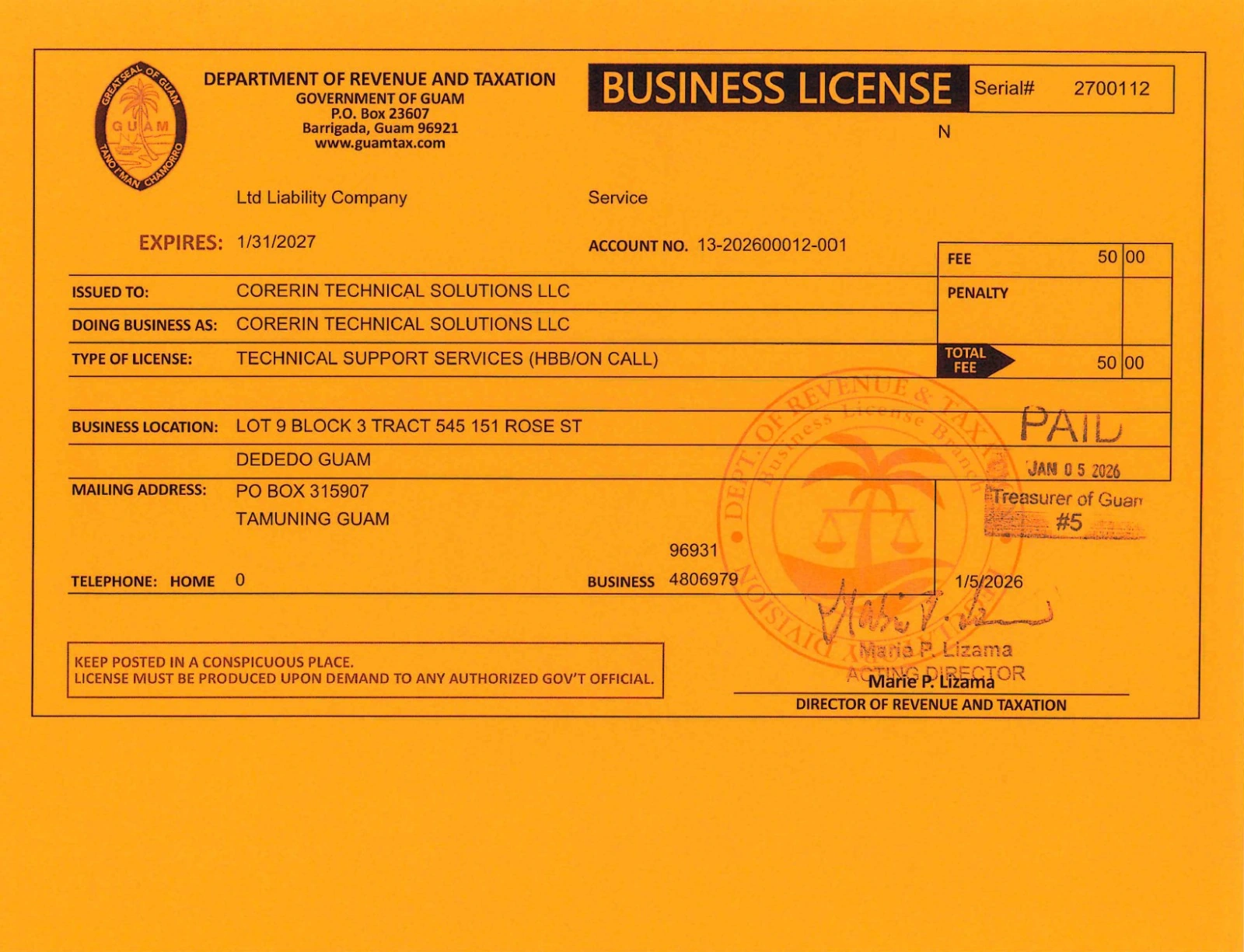 Guam service business license issued to Corerin Technical Solutions LLC for technical support services.