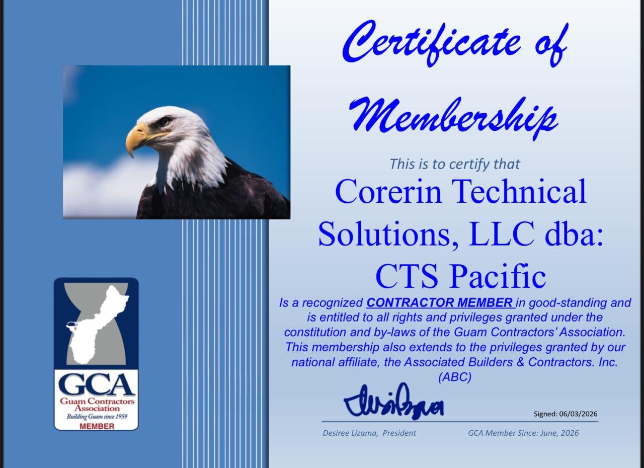 Guam Contractors Association certificate of membership for Corerin Technical Solutions, LLC dba CTS Pacific