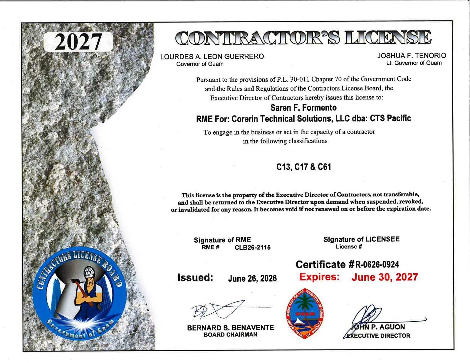 Guam contractor’s license for Saren F. Formento, CLB26-2115, certificate R-0626-0924; classifications C13, C17 and C61; issued June 26, 2026, expires June 30, 2027.