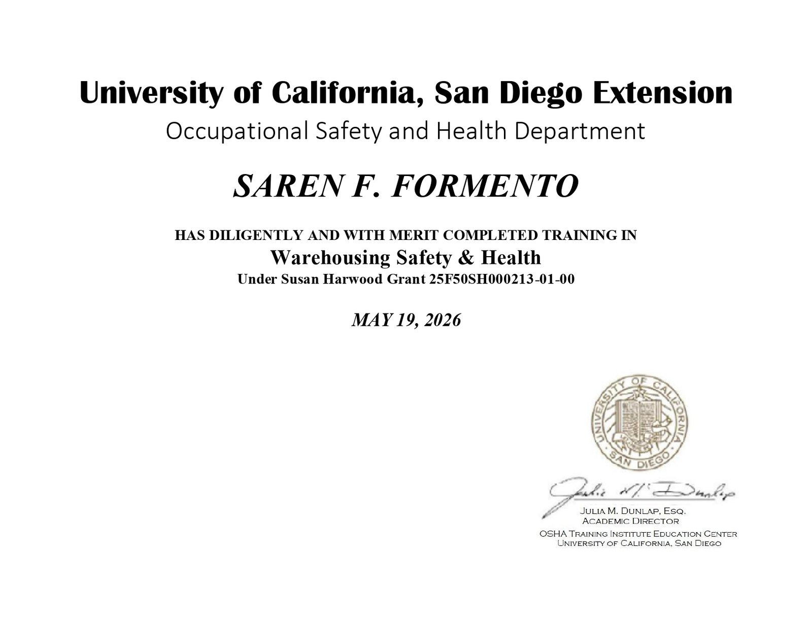 Warehousing Safety & Health training completion certificate issued to Saren F. Formento by UC San Diego Extension on May 19, 2026.